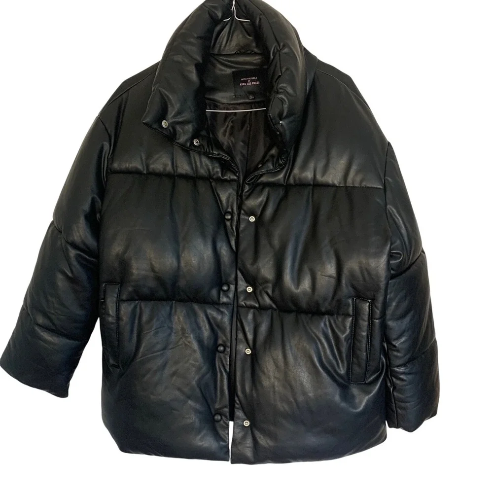 Avec Les Filles Black Puffer Jacket Women's L Large Snap Front Winter Warm Shiny